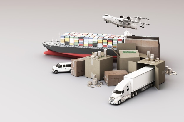 3d rendering crate box surrounded by cardboard boxes cargo container ship flying plan car van truck 156429 277