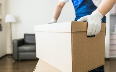 Delivery man loading cardboard boxes for moving to an apartment. professional worker of transportation, male loaders in overalls